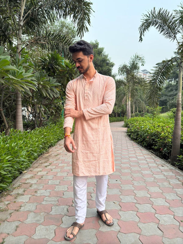 YOURSRK THE LIGHT ORANGE SEQUENCE EMBRODERY WORK MENS KURTA