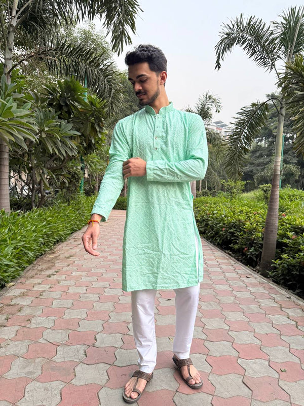 YOURSRK THE LIGHT GREEN SEQUENCE EMBRODERY WORK MENS KURTA