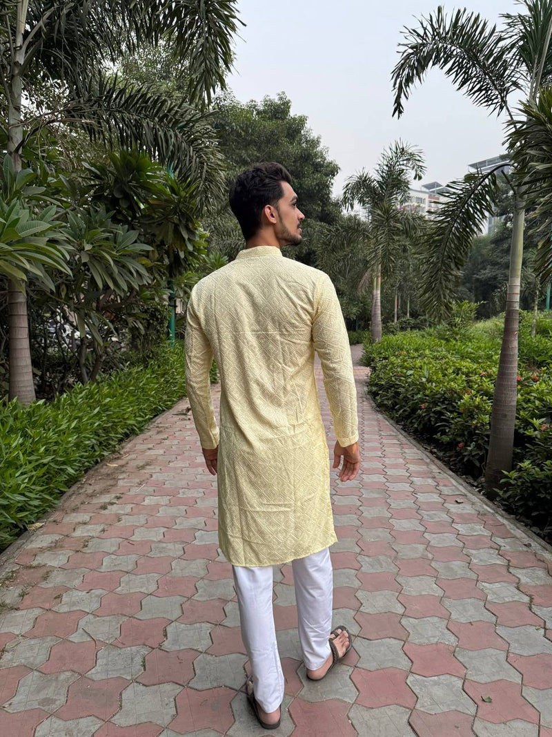 YOURSRK THE LIGHT YELLOW SEQUENCE EMBRODERY WORK MENS KURTA