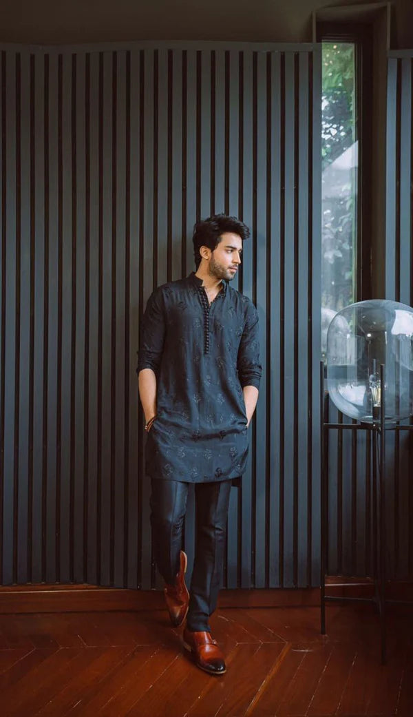 CELEBRITY MEN'S DESIGNER EMBRODRY BLACK KURTA ONLY