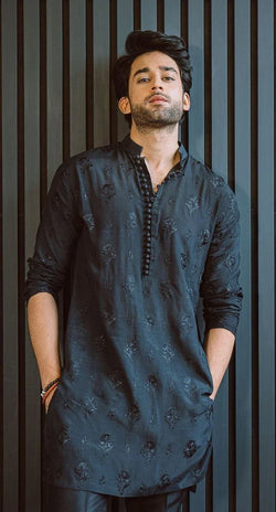 CELEBRITY MEN'S DESIGNER EMBRODRY BLACK KURTA ONLY