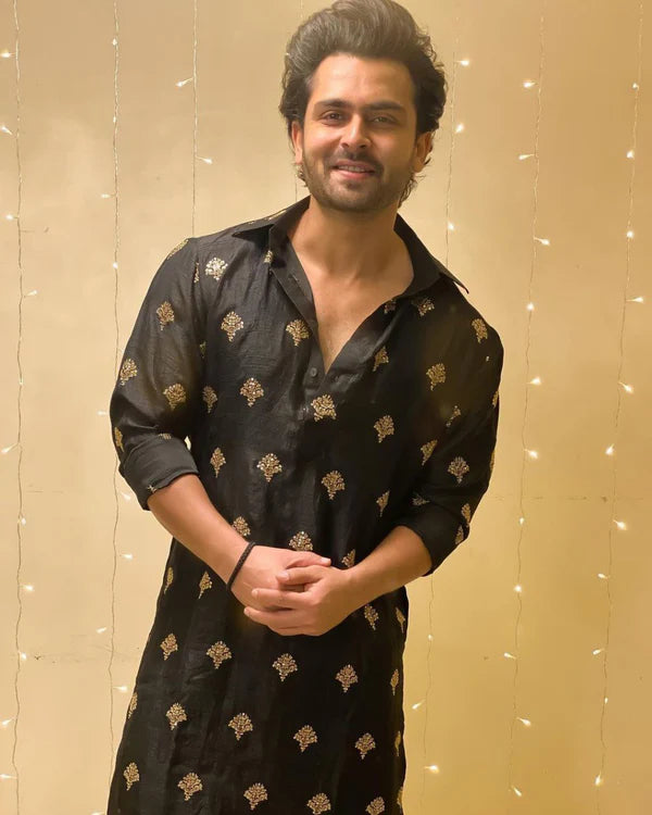 CELEBRITY MEN'S DESIGNER SEQUENCE EMBRODRY BLACK KURTA