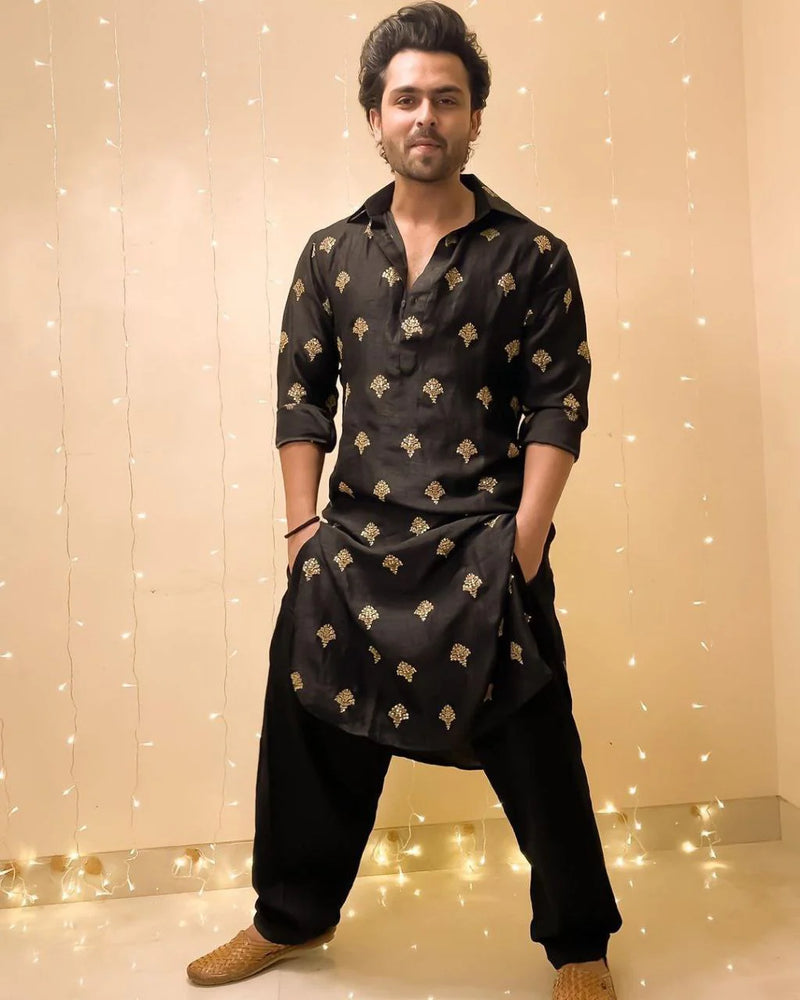 CELEBRITY MEN'S DESIGNER SEQUENCE EMBRODRY BLACK KURTA