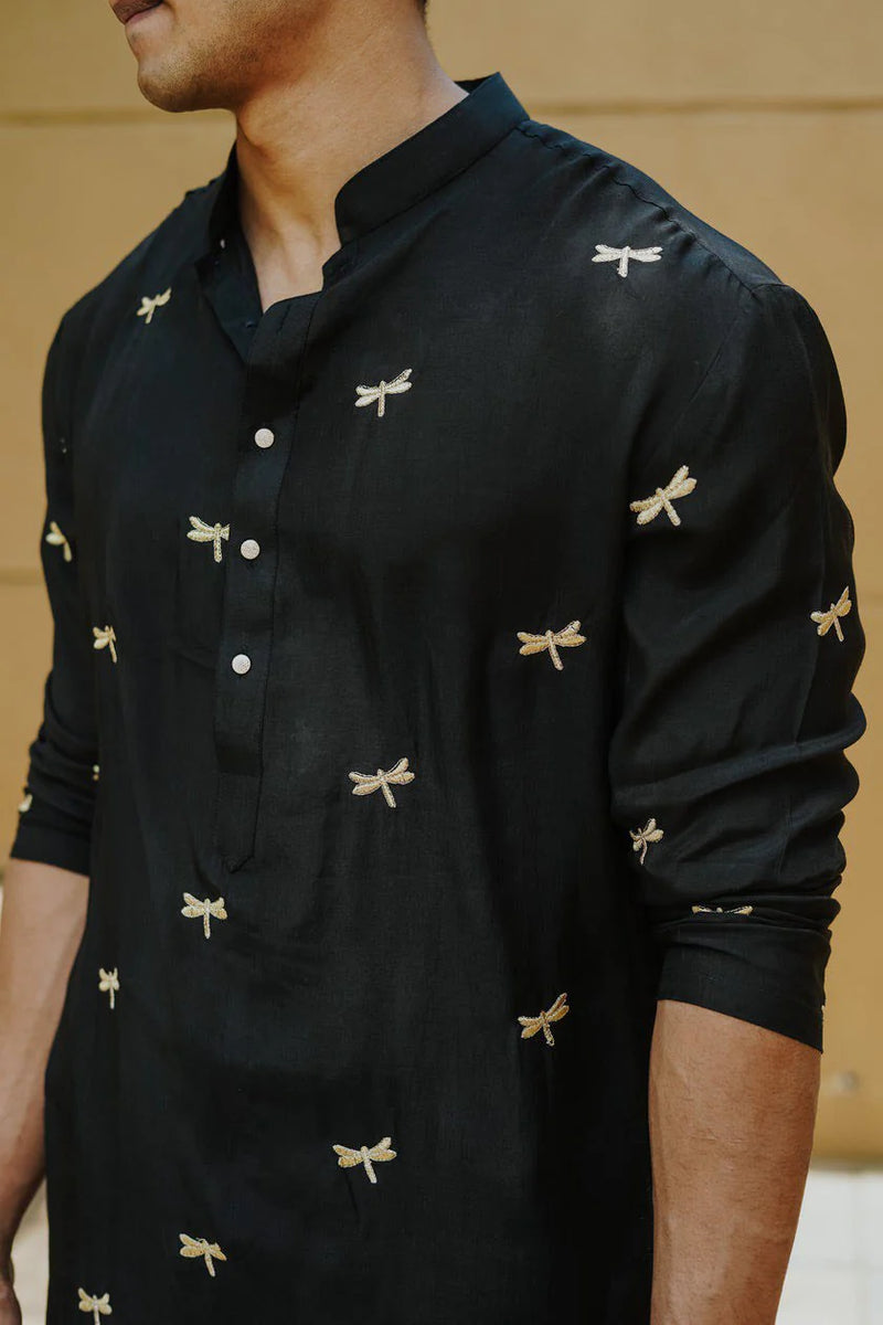 BLACK DRAGONFLY EMBROIDERY WORKED KURTA