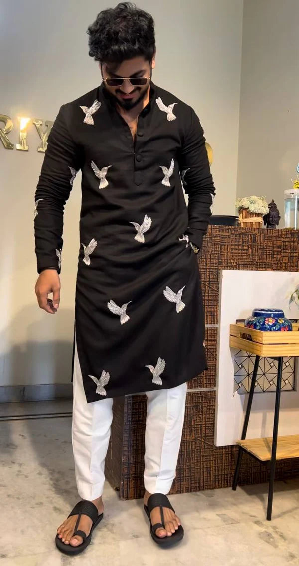 BLACK HUMMING BIRDS EMBRODRY KURTA