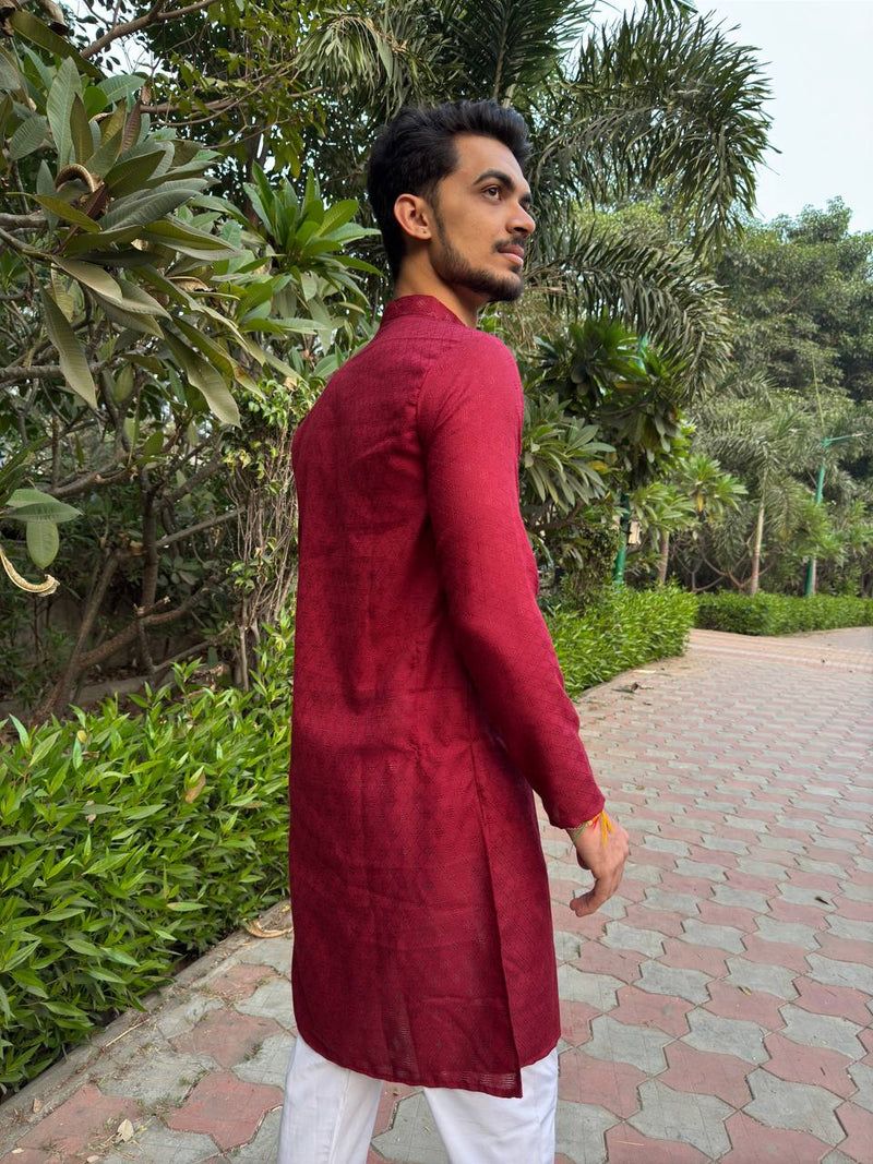 YOURSRK MARRON DOBI WORK COTTON KURTA