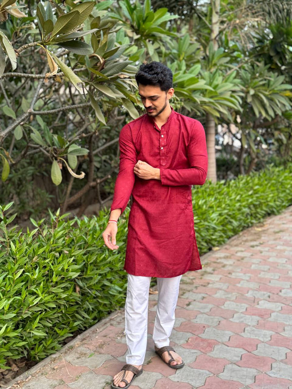 YOURSRK MARRON DOBI WORK COTTON KURTA