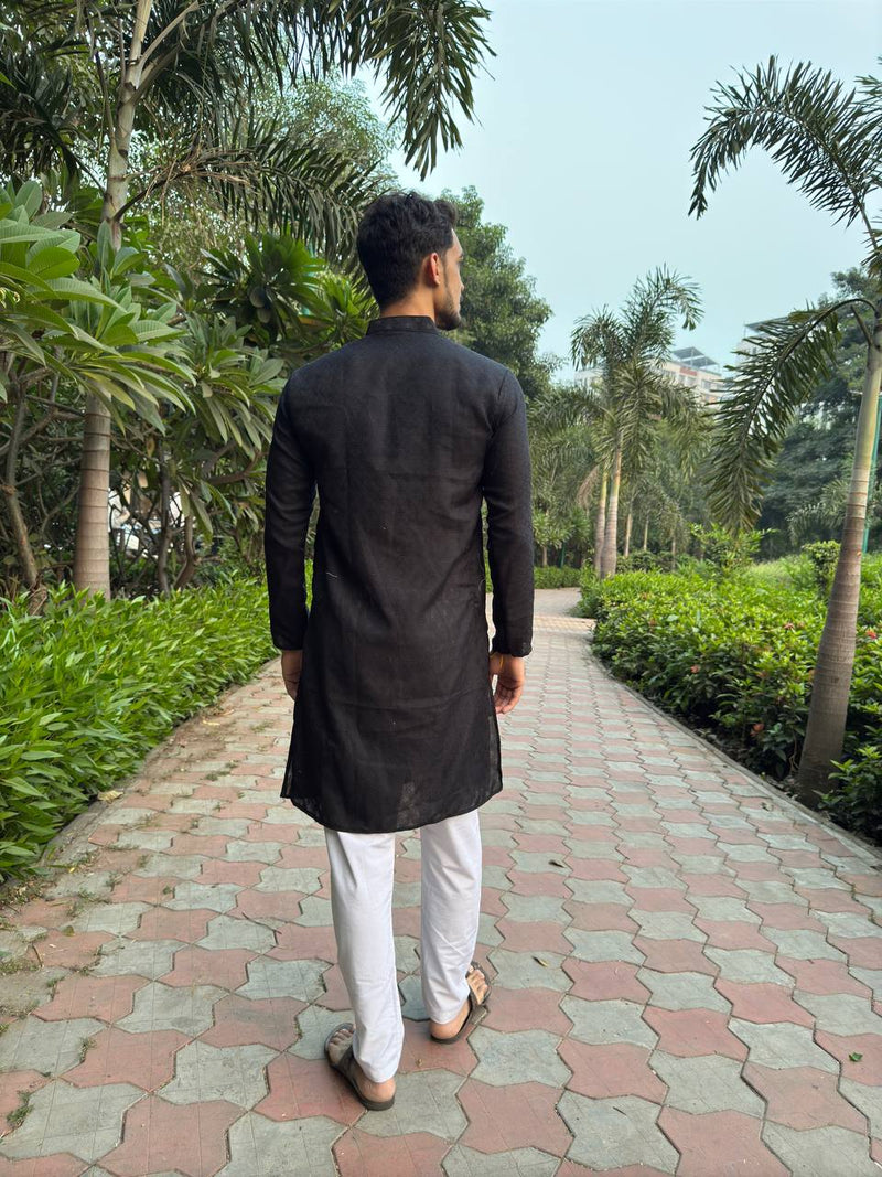 YOURSRK BLACK DOBI WORK COTTON KURTA