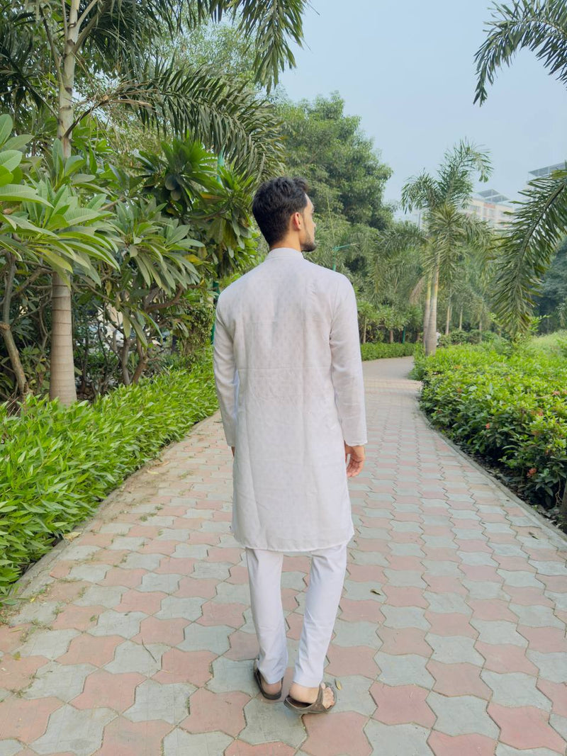 YOURSRK WHITE DOBI WORK COTTON KURTA