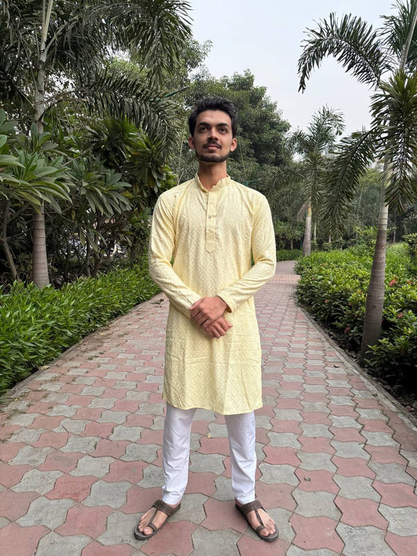 YOURSRK THE LIGHT YELLOW SEQUENCE EMBRODERY WORK MENS KURTA